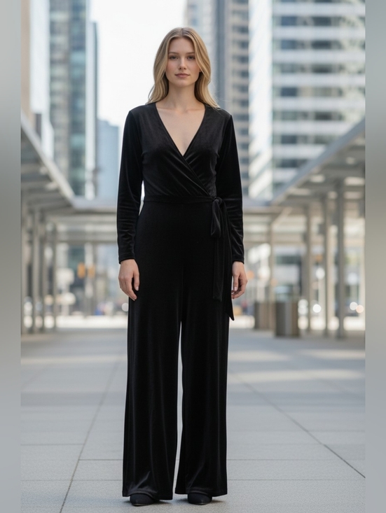 Tommy Hilfiger Pants - Tommy Hilfiger Black Velvet Wrap-Front Jumpsuit 4573
